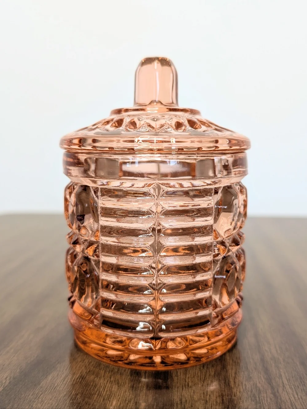 Vintage Windsor Pattern By Indiana Peachy Rose Pink Glass Honey Jam Jar With Lid